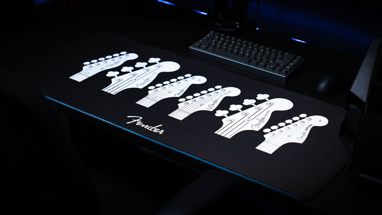 Fender Headstocks desk mat view emphasizing the minimalist monochrome artwork