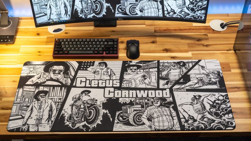 "Cletus Cornwood B&W" EsfandTV XL gaming deskmat — Epic Desk