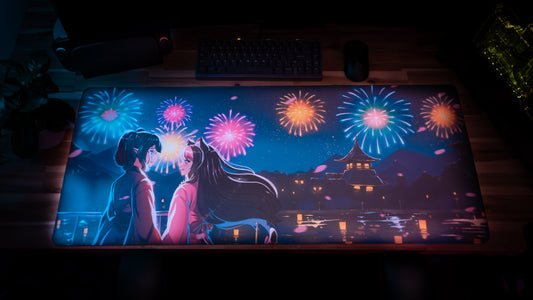 Festival Rev x Strawb limited-edition deskmat on a gaming desk