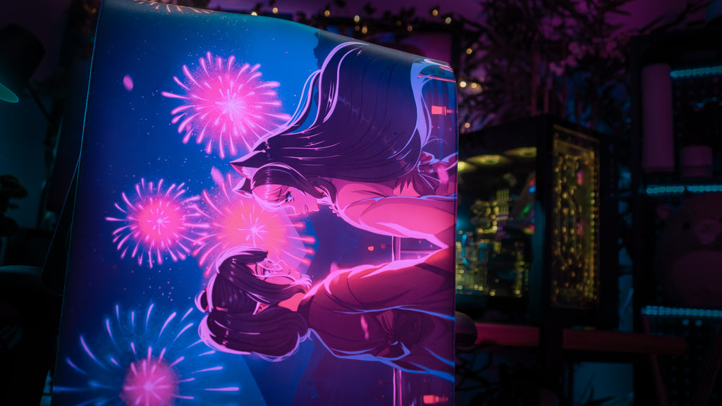 Glowing artwork of a character with pink and purple abstract designs on a dark background.
