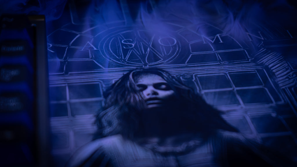 Dark, moody scene with a person in a hooded outfit against a mystical background.