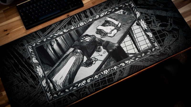 "Medieval Tailor’s Tapestry B&W" — Angelikatosh Deskmat