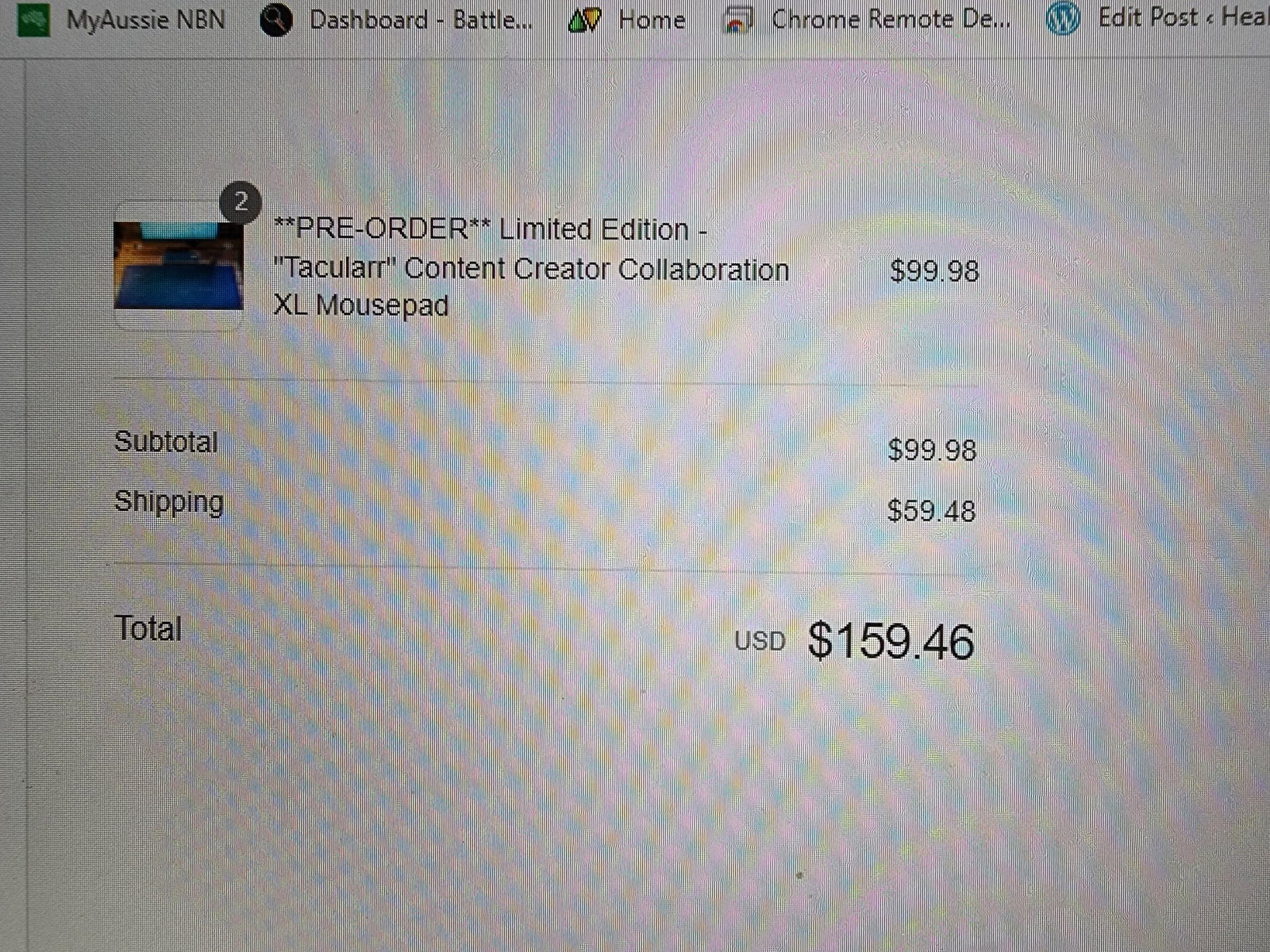 Timeline · 2022 — checkout for a Tacularr pre-order, $59.48 shipping to Australia