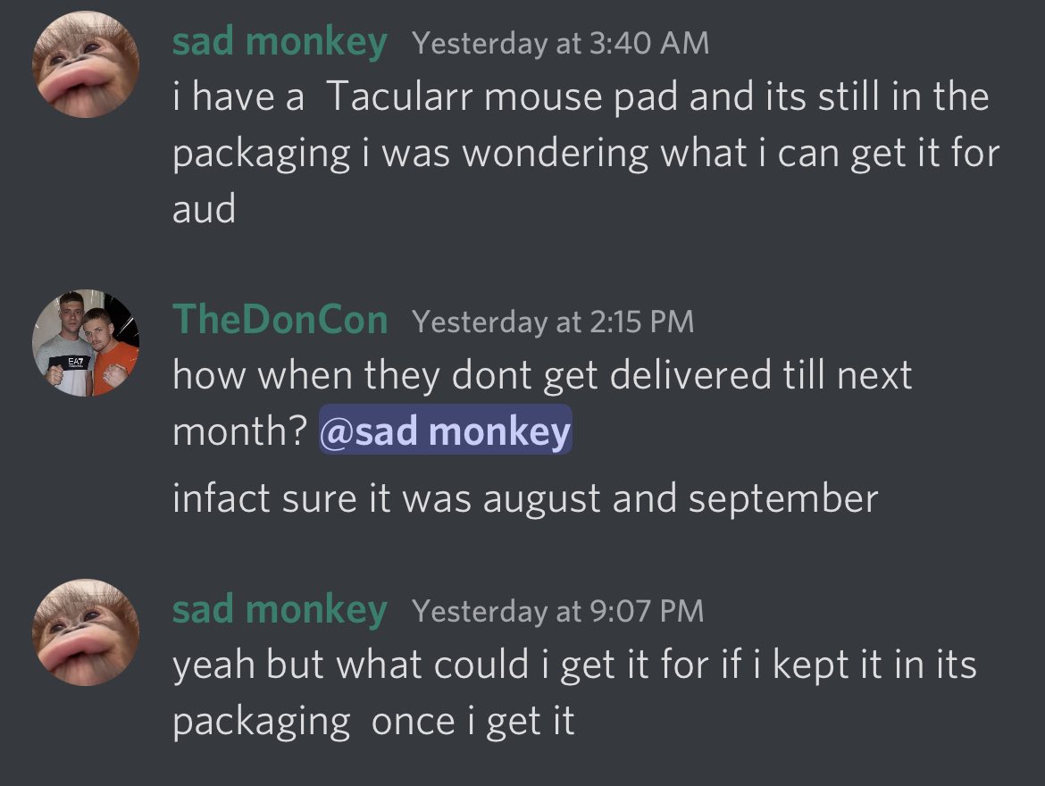 Timeline · 2022 — Discord: customers pricing a still-sealed mat