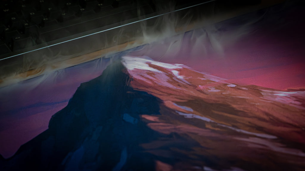 Artistic depiction of a mountainous landscape with a dark sky