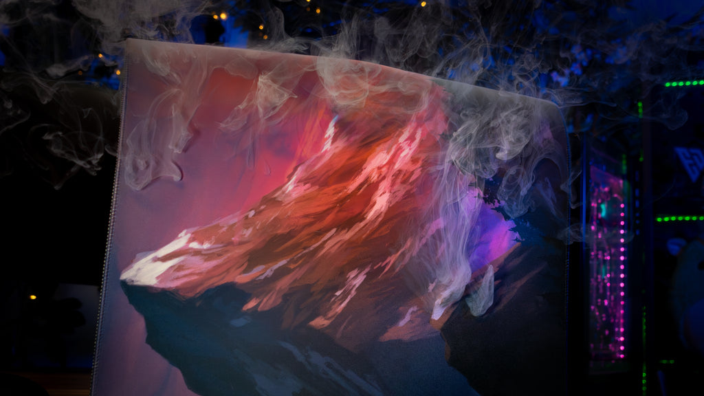 Abstract art piece with flowing red and pink colors on a dark background