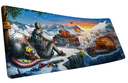 A Solo's Kingdom gaming deskmat by Gorliac featuring a lone Rust survivor overlooking a snowy base with a giant rat, helicopter, and burning island fortress at sunset.