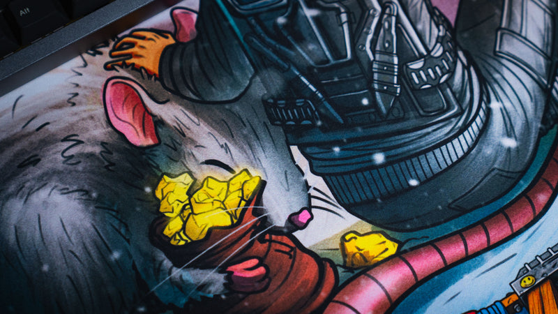Close-up of the A Solo's Kingdom gaming deskmat by Gorliac featuring a giant rat holding sulfur ore beside a Rust survivor in a snowy landscape.