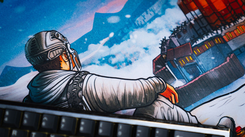 Close-up of the A Solo's Kingdom gaming deskmat by Gorliac showing a Rust survivor overlooking a fortified snowy base from a mountain cliff.