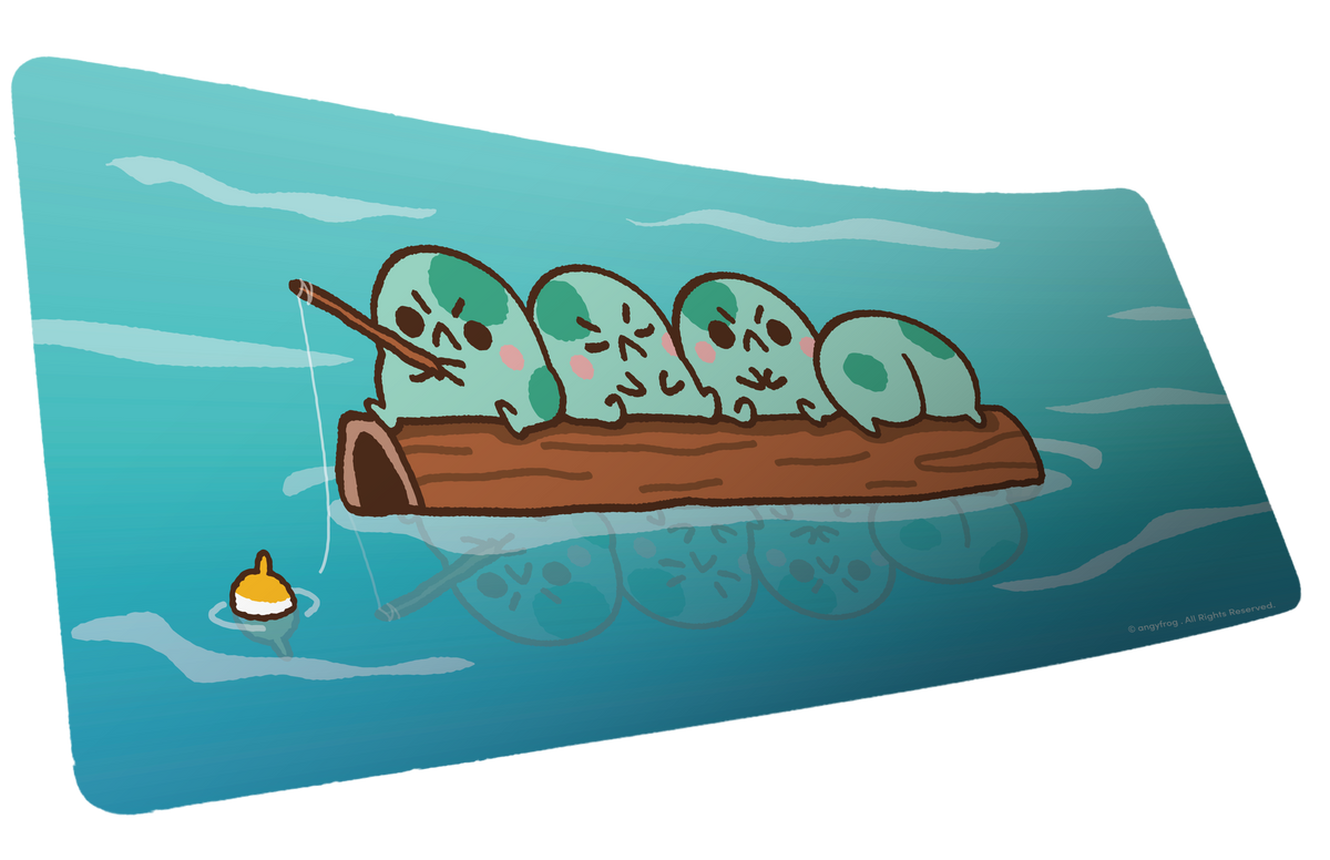Angyfrog Frogs on a Log desk mat artwork with four green frogs fishing on bright blue water