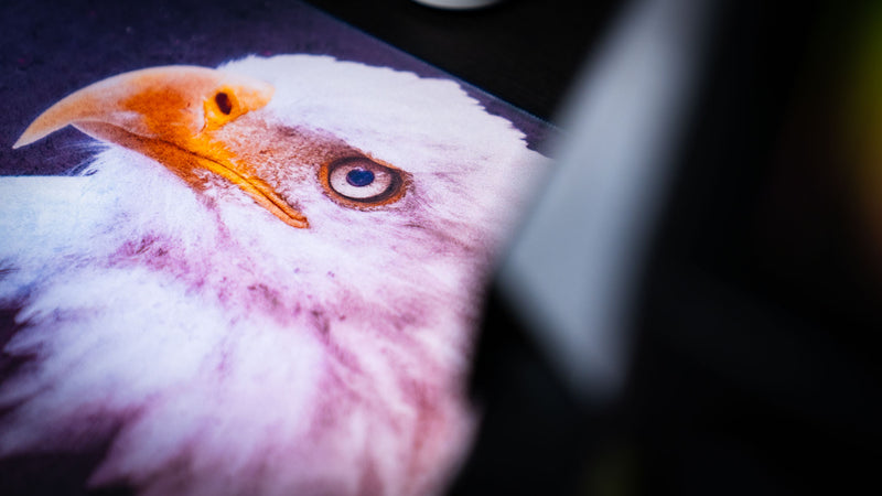 Extreme close-up of the Bald Eagle America 250 deskmat showing the eagle’s eye, beak, and detailed printed feather texture.