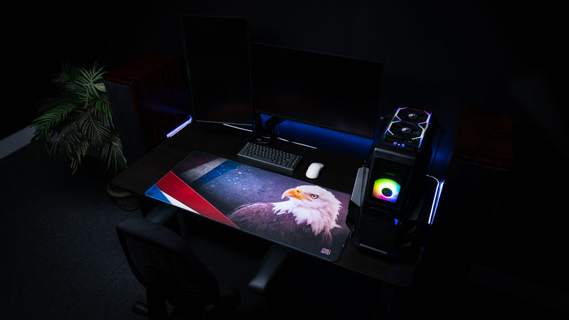 Bald Eagle America 250 deskmat displayed in a full gaming setup with patriotic red, white, and blue artwork, eagle portrait, and America 250 logo.