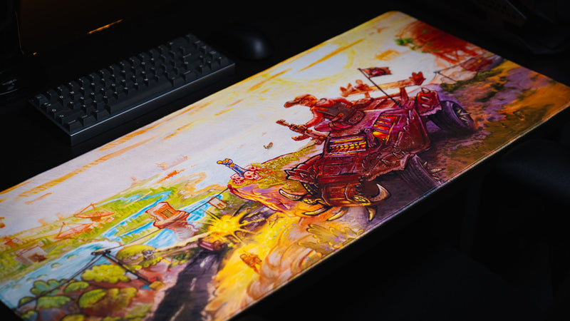Angled full view of Beastmode’s Rust After Glory desk mat beside a compact black keyboard