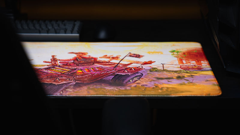 Low-angle close-up of the armored vehicle artwork on Beastmode’s Rust After Glory desk mat