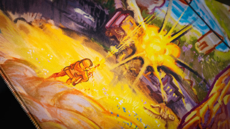 Close-up of a survivor and yellow battle explosion printed on the Rust After Glory desk mat