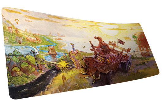 Beastmode Rust After Glory desk mat with a survivor riding an armored vehicle above a bright coastal landscape