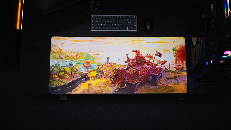 Top-down gaming setup with Beastmode’s Rust After Glory desk mat, compact keyboard, and mouse