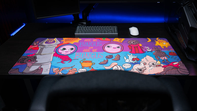 Front display view of the Bingus Bongus deskmat showcasing the complete artwork, colorful fantasy characters, and premium stitched-edge construction.
