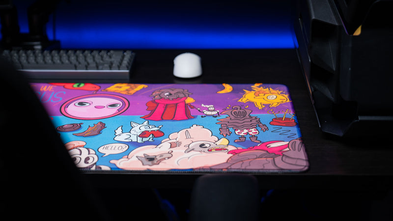 Close-up of the right-side artwork on the Bingus Bongus deskmat featuring whimsical characters, creatures, and fantasy-inspired details.