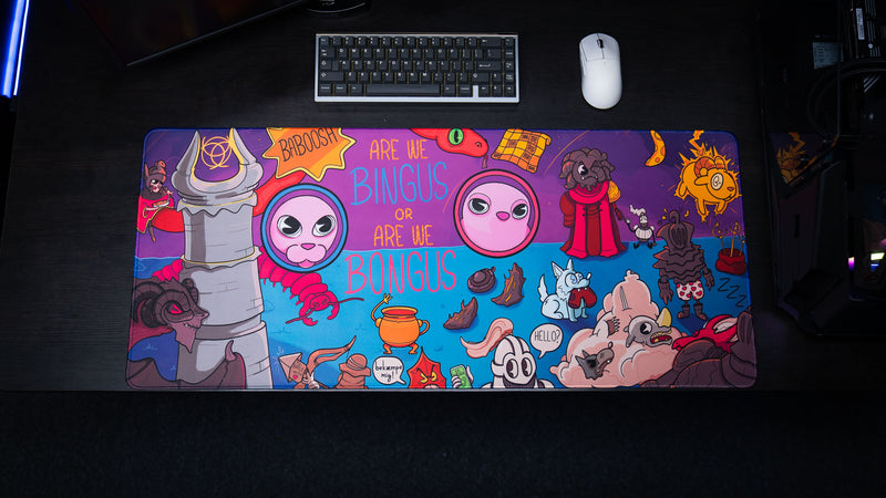 Top-down view of the Bingus Bongus deskmat showcasing the full design layout and premium high-definition print quality.