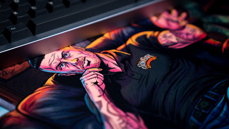 Close-up of the BobbyRayGray character artwork on the BRG Loading deskmat, showcasing detailed comic-style illustration and premium high-definition print quality.