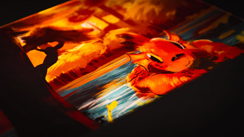 Angled close-up of the Bubbles Playmat surface with orange creature and blue water artwork