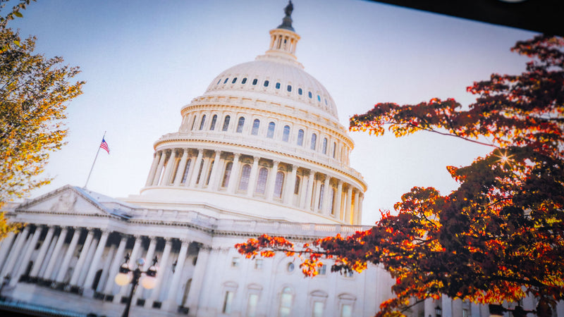 Close-up of the Capitol Building deskmat showcasing the iconic U.S. Capitol dome framed by vibrant autumn trees with crisp, high-definition print on a premium extended mouse pad.