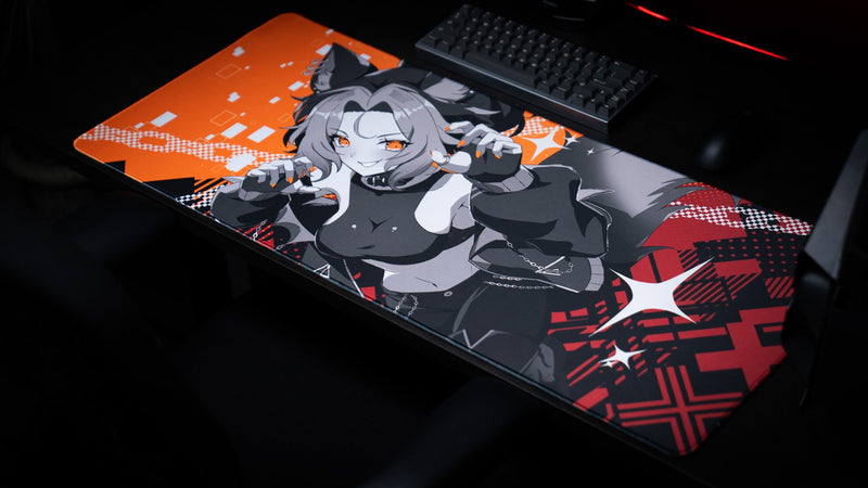 Angled right view of the CelisEris Brand Risk gaming deskmat with keyboard and mouse