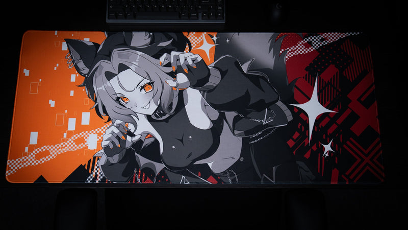 Top view of the CelisEris Brand Risk gaming deskmat with keyboard and orange, red and gray character artwork