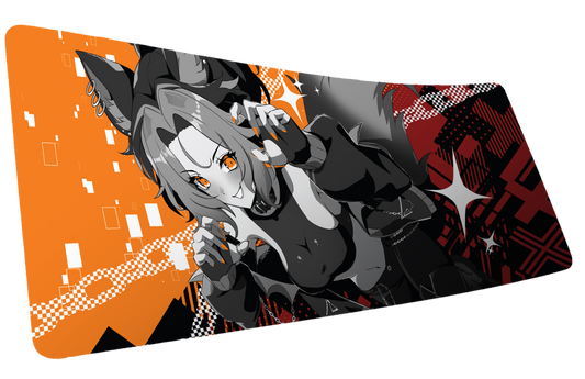 CelisEris Brand Risk gaming deskmat mockup with orange, red, black and gray wolf character artwork