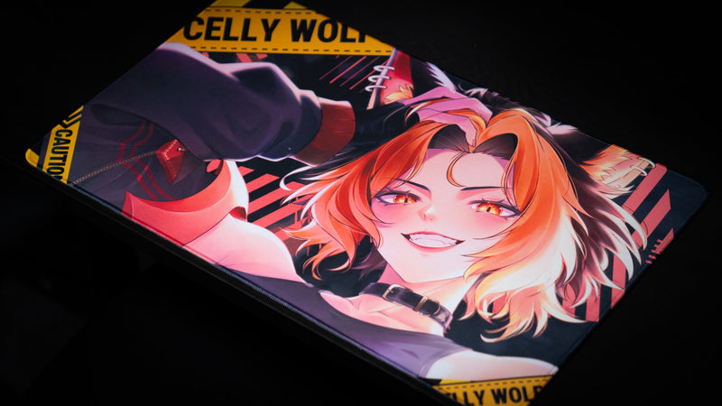 Angled view of the CelisEris Brand Risk playmat featuring orange-haired wolf character artwork