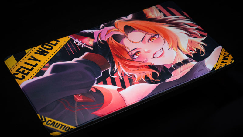Angled full view of the CelisEris Brand Risk TCG playmat with yellow caution-tape graphics