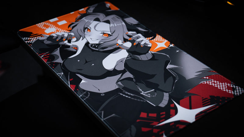 Angled right view of the CelisEris Brand Risk playmat with orange-eyed wolf character artwork
