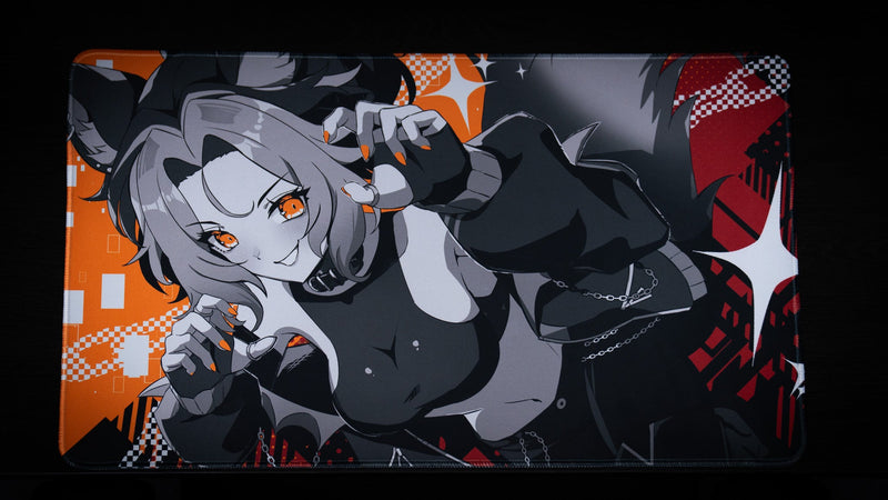 Top view of the CelisEris Brand Risk TCG playmat with orange, red, black and gray wolf character artwork
