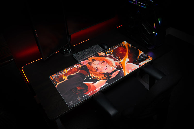 Full CelisEris Firewolf gaming deskmat displaying fiery character artwork in a dark setup