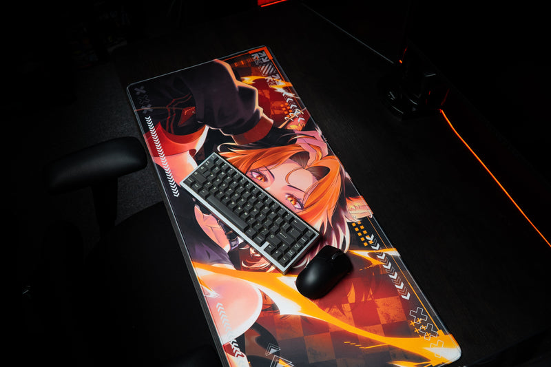 CelisEris Firewolf gaming deskmat with a keyboard and mouse on the illustrated surface