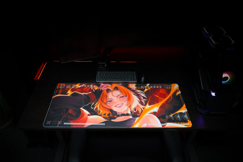 CelisEris Firewolf gaming deskmat displayed in a dark RGB gaming setup