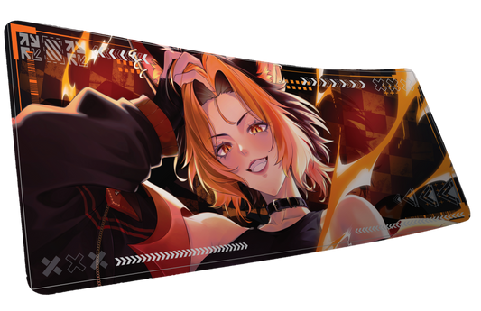 CelisEris Firewolf gaming deskmat mockup with an orange-haired wolf character and fiery orange graphics