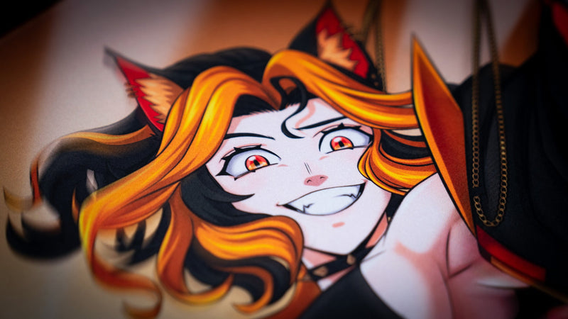 Detailed view of the anime character face on the CelisEris Martial deskmat