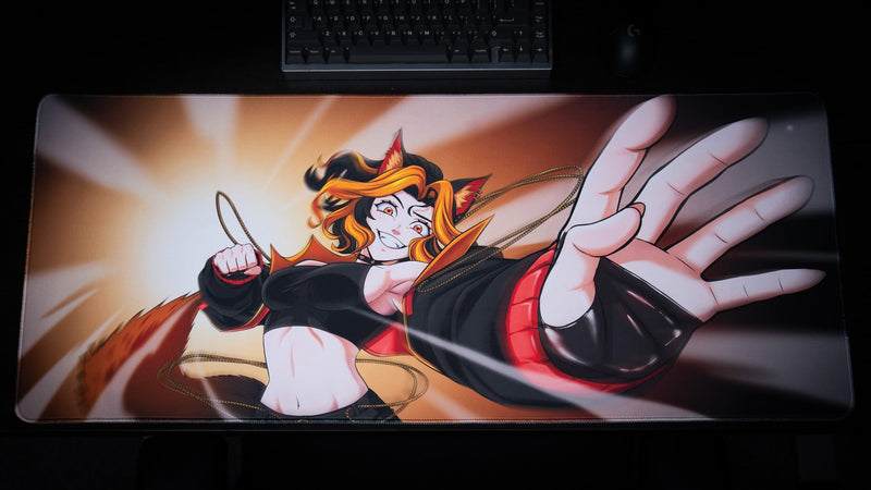 Top view of the CelisEris Martial anime gaming deskmat and character artwork