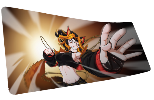CelisEris Martial gaming deskmat mockup with an orange-haired wolf character reaching forward