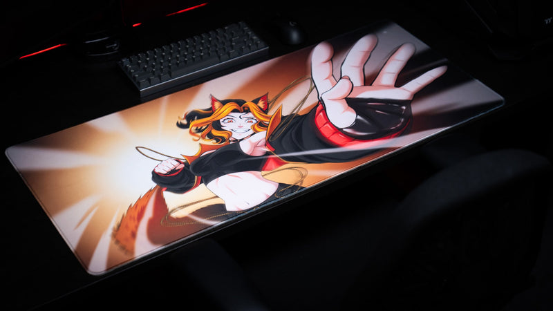 CelisEris Martial gaming deskmat in use with a hand on the mouse