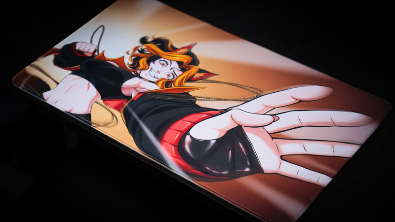 Angled full view of the CelisEris Martial TCG playmat with orange, black and cream character artwork