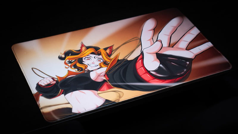 Full artwork view of the CelisEris Martial TCG playmat featuring a wolf character reaching forward