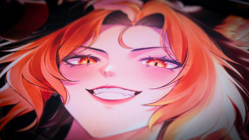 Close-up of the orange-haired wolf character face on the CelisEris Spectral Wolf gaming deskmat