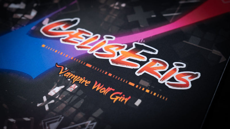Close-up of the CelisEris logo and Vampire Wolf Girl text on the Spectral Wolf gaming deskmat
