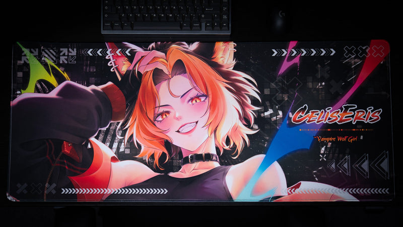 Top view of the CelisEris Spectral Wolf gaming deskmat with keyboard and colorful wolf character artwork