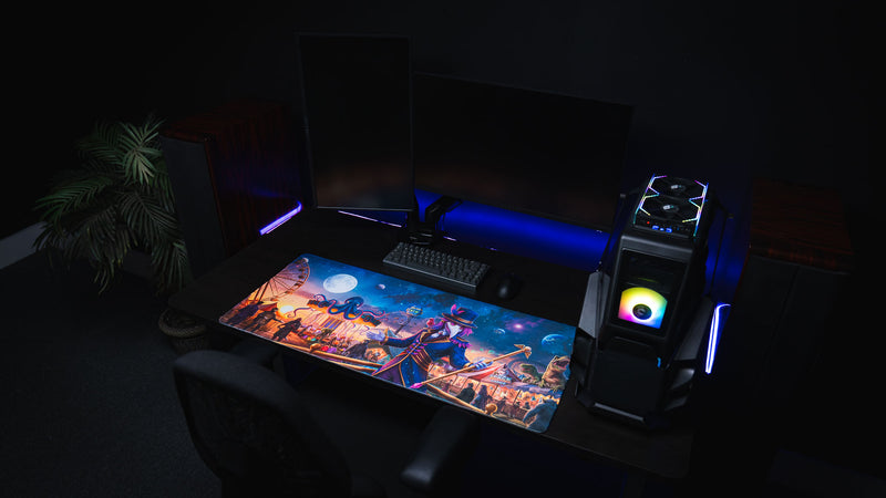 Dark RGB workstation with the Crowmedia Festival of Feathers deskmat, monitor, keyboard and PC