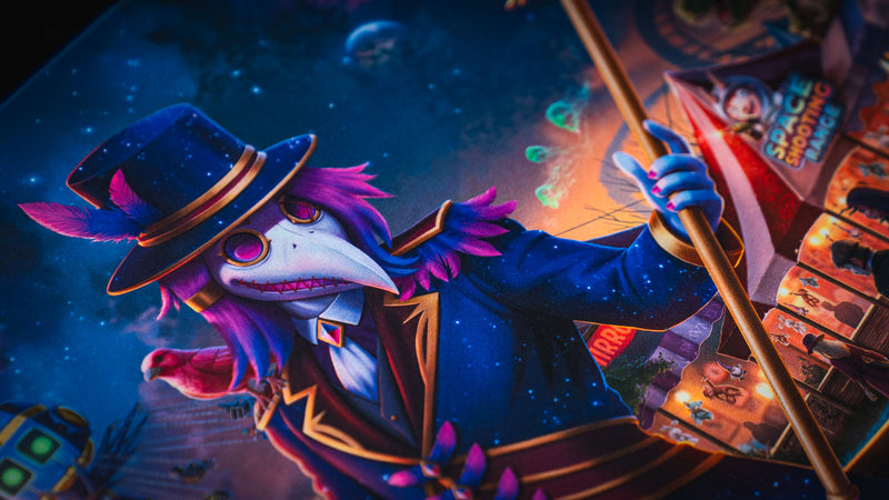 Plague doctor ringmaster close-up on the Crowmedia Festival of Feathers gaming deskmat