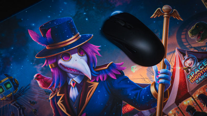 Close view of the plague doctor ringmaster artwork and mouse on the Festival of Feathers deskmat